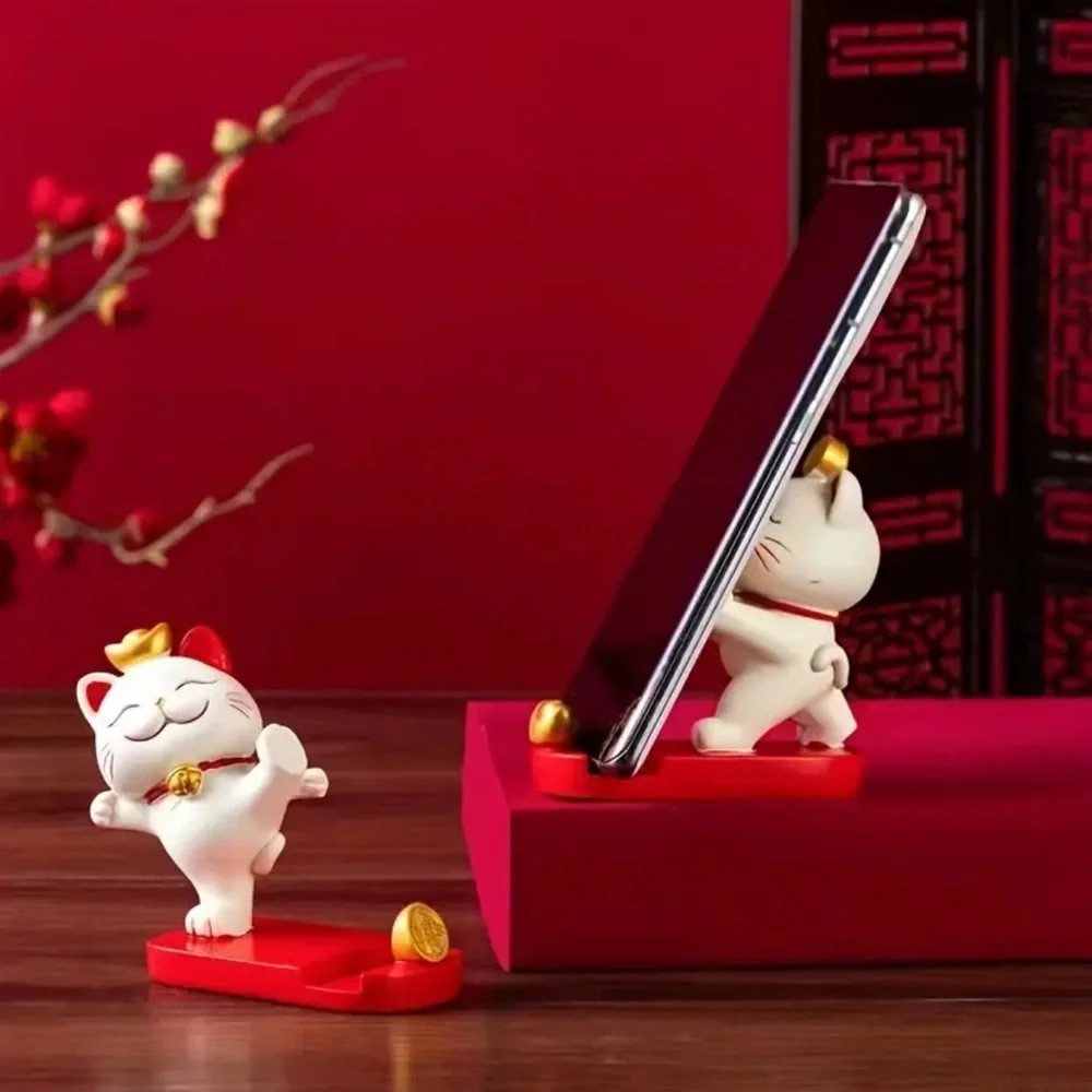 Lucky Cat Desk Phone Stand Figurine with Red Base